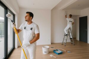 Pintores pintando el interior de una casa moderna en San Nicolás Monterrey